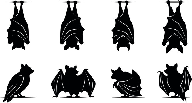 Vector black halloween bat silhouette icon set with hanging sleeping bats and perched vampire bats for spooky design
