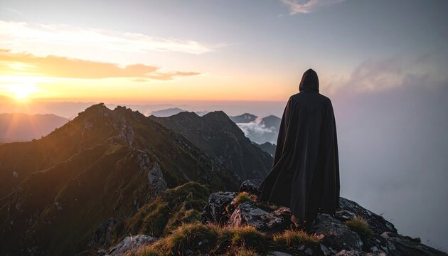 Solitary Figure Overlooking Mountain Sunrise