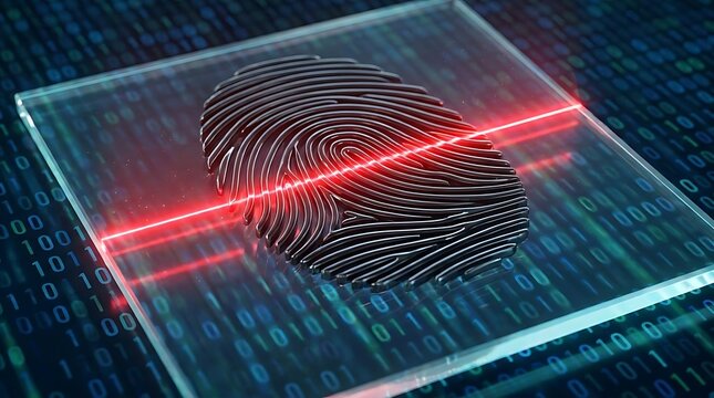 Digital fingerprint with red laser scan and binary code