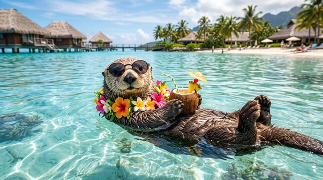Cute sea otter wearing sunglasses and a flower lei floating happily in clear tropical ocean waters with a coconut drink
