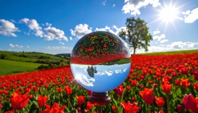 Vibrant Tulip Field Reflection with Glass Sphere and Sunny Sky