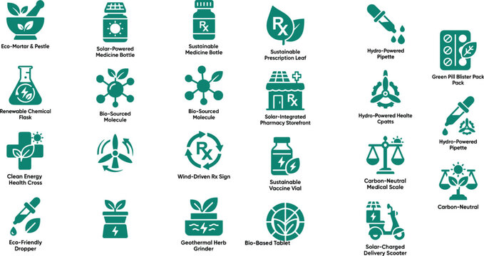 Sustainable medical healthcare and eco pharmacy glyph icon set featuring green clinic medicine bottles pharmacy prescription leaves and carbon neutral clinical laboratory symbolsSustainable medical he