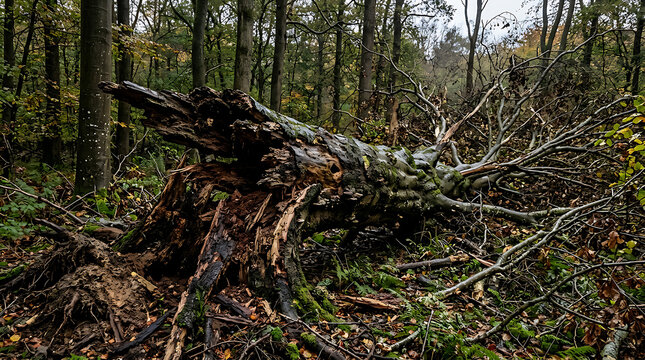 Fallen tree in dense forest with exposed roots.