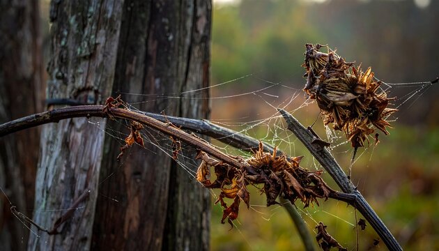 Autumn Branch with Dried Leaves and Intricate Web