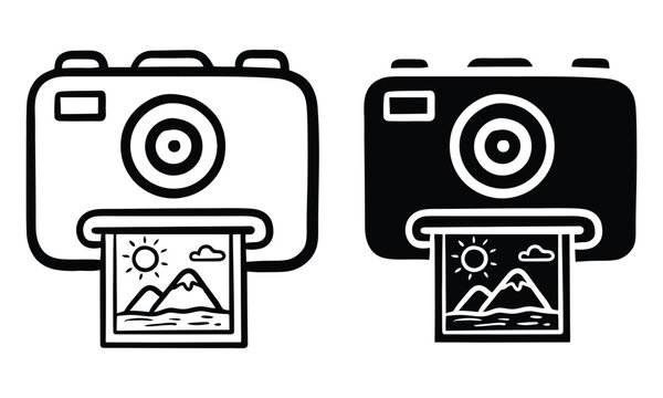 Stylized of a compact camera printing a landscape in black and white and solid black