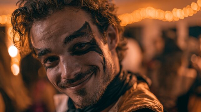 Man in costume smiling at the camera at a Halloween party.