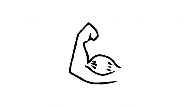 Animated 4K strong arm muscle doodle icon. White hand drawn line art on black and green screen backgrounds for biceps flexing, workout fitness, body strength, and healthy power video edits.