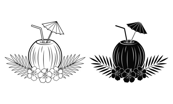 Tropical coconut drink with hibiscus flowers and palm leaves line and silhouette