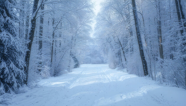 Snowy path winding through a quiet winter forest