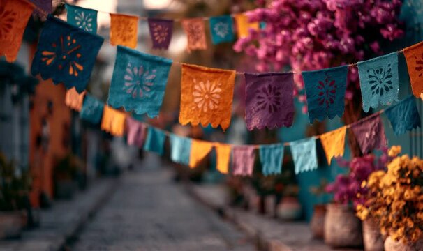 Festive papel picado banners hanging across a narrow colonial street, fluttering in the breeze. Colorful decorations for dia de los muertos