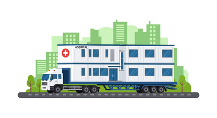 Fototapeta premium Mobile Modular Hospital Building Transported by Truck Trailer Vector Illustration. Emergency Medical Facility on Road.