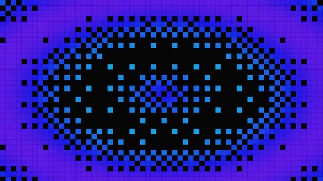 Abstract blue and purple pixelated matrix pattern with pulsating circular shapes on black