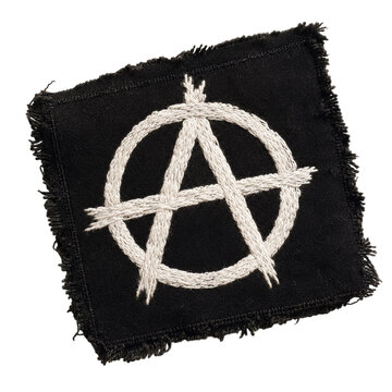 Close up of anarchy symbol embroidery in white thread on black fabric isolated on transparent background PNG cutout