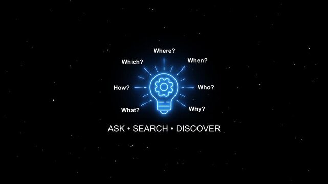 Neon lightbulb infographic with gear and question keywords for problem solving, innovation, and business strategy concepts