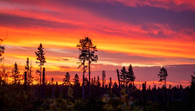 Sunset Over Forest with Silhouetted Trees