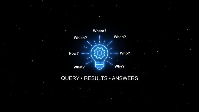 Neon lightbulb infographic with gear and analytical questions for business strategy and problem solving