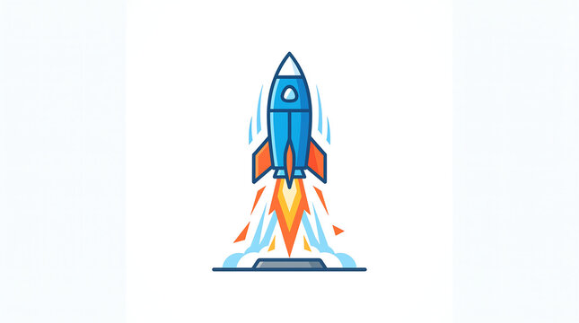 Blue rocket ship launching with fire flames, business startup concept icon, vector illustration isolated on white background