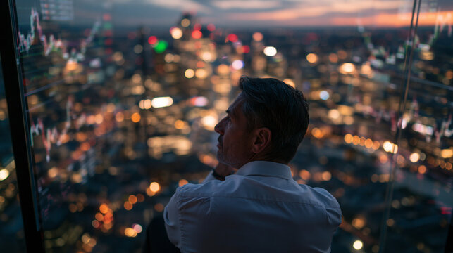 Businessman Looking at City Skyline with Stock Market Data