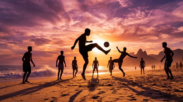Young Men Playing Beach Soccer at Sunset in Rio de Janeiro