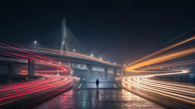 Long Exposure Light Trails on City Highway Bridge at Night