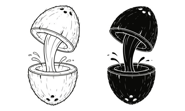 Two stylized coconuts one black and white one solid black with liquid splashing out
