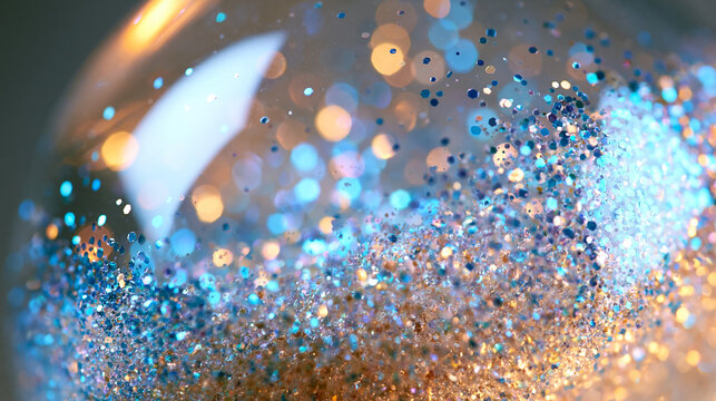 Sparkling Blue Glitter Macro with Golden Bokeh Background