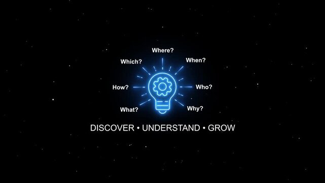 Glowing neon lightbulb infographic animation with problem solving questions and business growth concepts