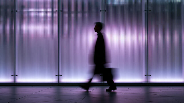 Silhouette of Businessman Walking Past Illuminated Modern Wall
