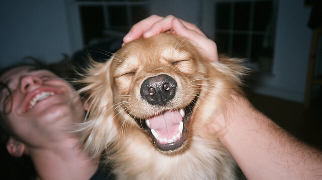 Happy Dog Smiling While Being Petted by Owner at Home
