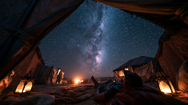 Stargazing at Milky Way Galaxy from Inside Desert Camp Tent