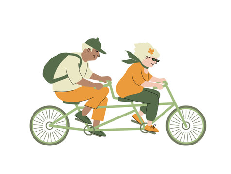 Elderly couple riding a tandem bicycle together, active senior lifestyle illustration in flat modern style. Isolated on white background.