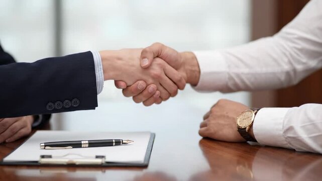 Close Up of Two Business Hands Performing a Firm Handshake After Signing a Generic Contract Document