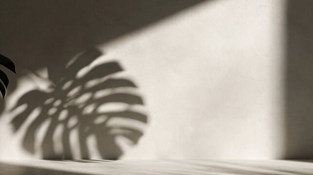 Monstera Leaf Shadow on Minimal Beige Wall for Mockup