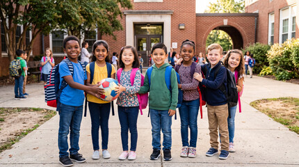 Fototapeta premium Group of diverse children with backpacks standing in line outside a brick school building, smiling and holding a soccer ball in bright daylight during a sunny school day. Back to school, 1st September