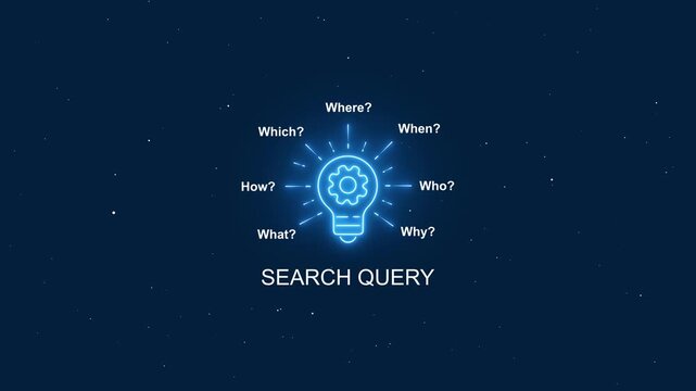 Neon light bulb infographic with search query questions for digital marketing and seo strategy