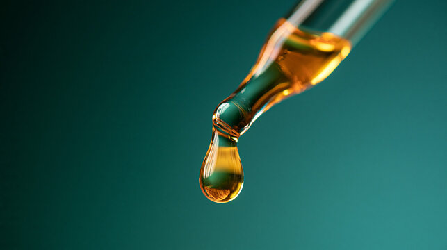 Cosmetic Oil Serum Dripping From Glass Pipette Dropper Close Up