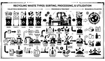 Fototapeta premium Recycling Waste Sorting and Processing Infographic with Paper Plastic Glass Metal and Organic Materials