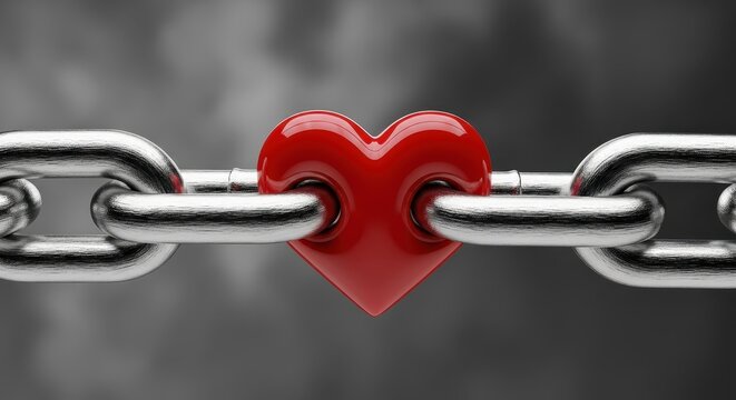 Strong Metal Chain with a Glossy Red Heart Link Symbolizing Unbreakable Love and Connection