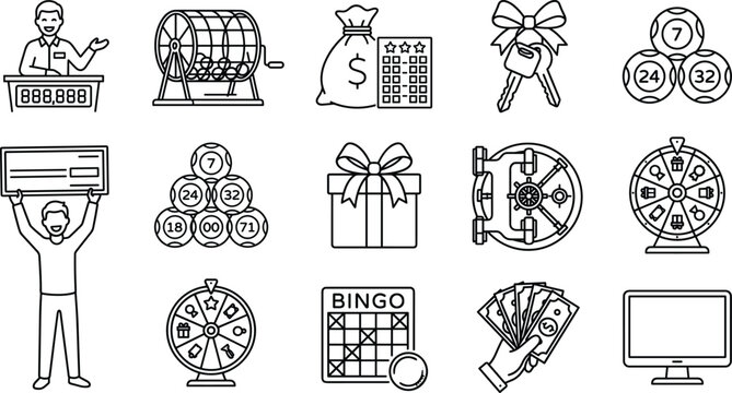 Lottery and bingo line icon set featuring lucky wheel money bag raffle drum check winner vault car keys.