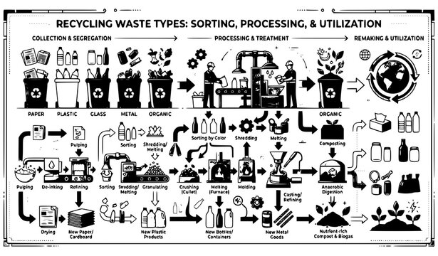 Recycling Waste Sorting and Processing Infographic with Paper Plastic Glass Metal and Organic Materials