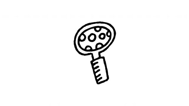 4K hand drawn virus research magnifying glass icon featuring boiling line animation. Frame by frame line art on black and green screen backgrounds for laboratory microbiology, pathogen study.