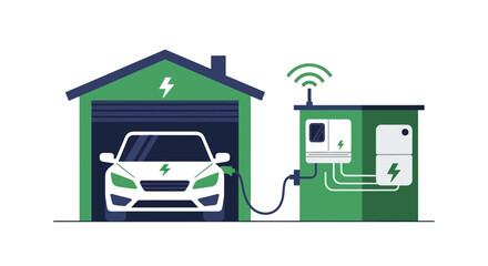 Obraz premium Electric Vehicle Charging in Smart Home Garage with Sustainable Power Management System Illustration