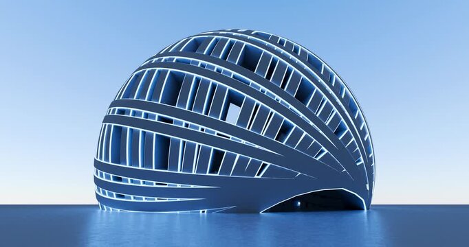 3D Render of Abstract Spherical Ring Structure Rotating with Glowing Blue Neon Edges