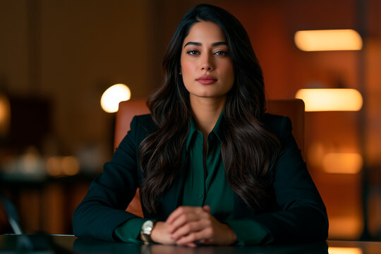Portrait of confident young Indian businesswoman executive in modern corporate office