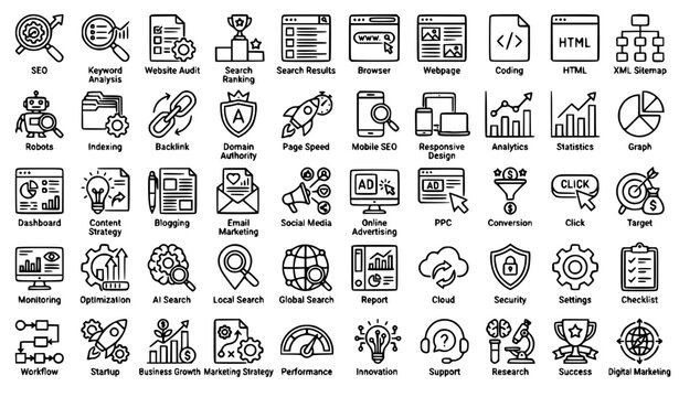 Search Engine Optimization Editable Line Icons SEO Digital Marketing Vector Set
