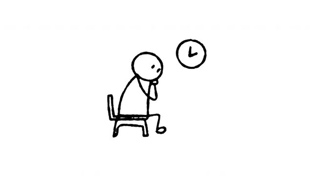 Animated doodle waiting room area icon. 4K frame by frame line art on black and green screen chroma key background for hospital patient lobby, clinic clock seat, and appointment queue edits.