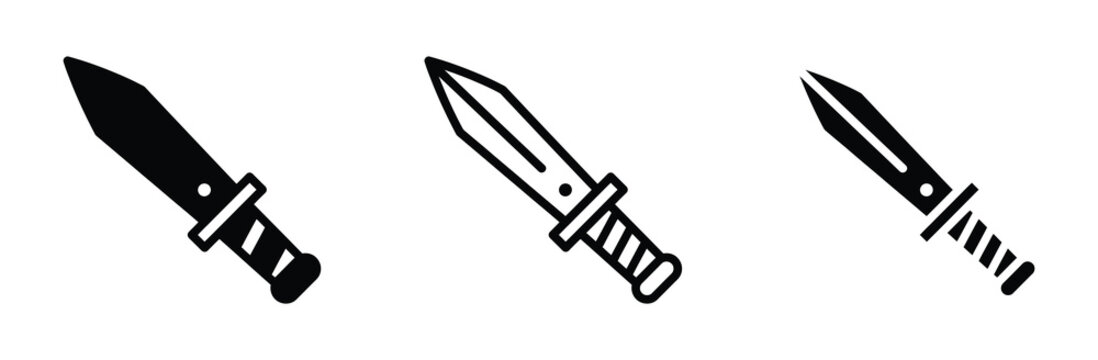 WebSword dagger vector icon set. Medieval weapon, combat knife, knight blade, warrior battle equipment, and game asset line art illustration.