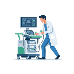 Fototapeta premium A male doctor in a white lab coat operates a modern ultrasound machine in a clinical setting depicted in a flat vector illustration style.