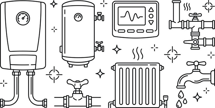 Heating system line icon vector set showing boiler water heater radiator thermostat control controller pipes valves and water tap