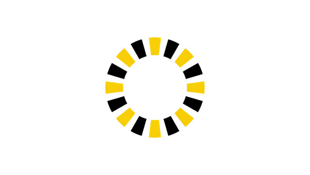 Circular loading icon with black and yellow segments during digital progress on white